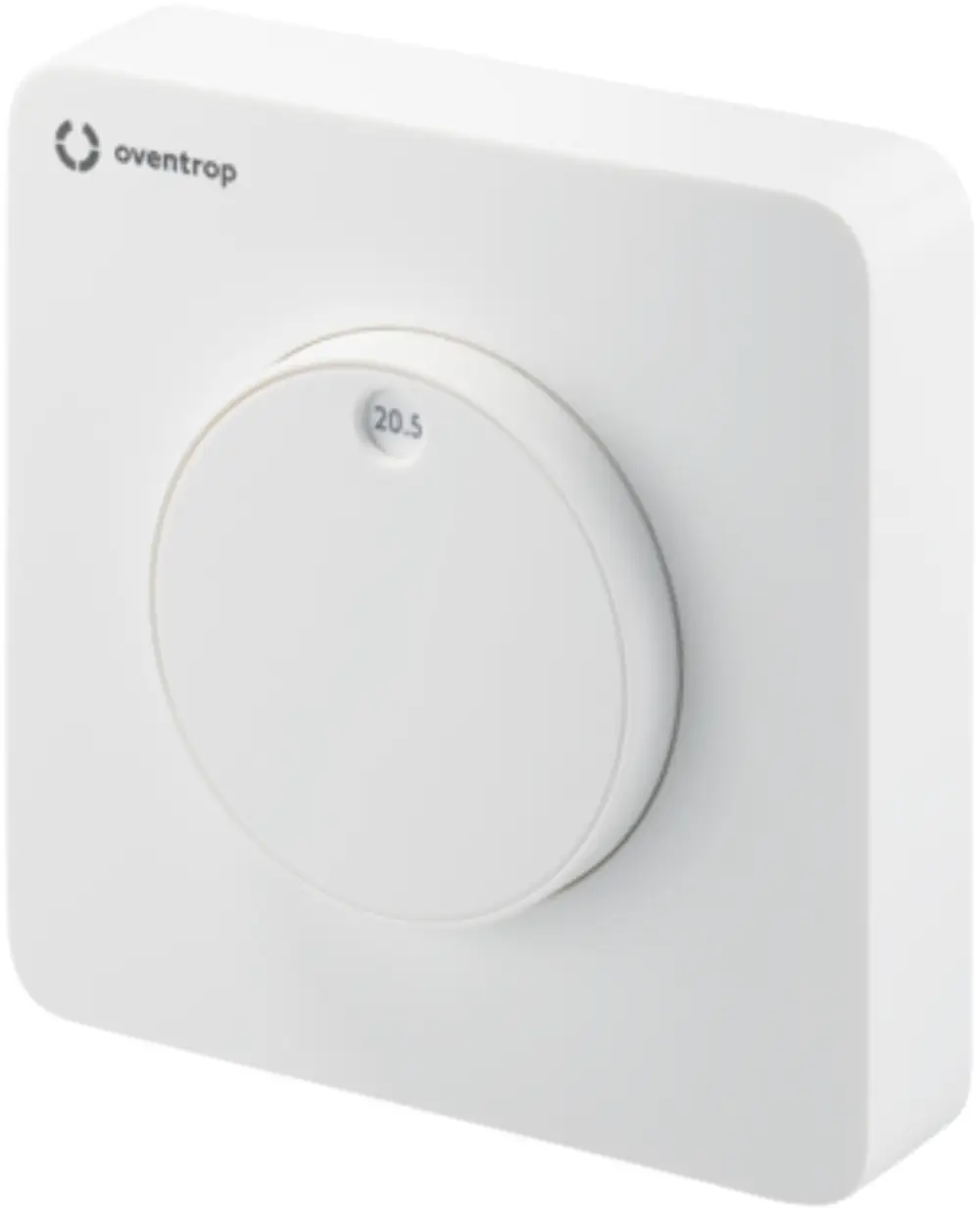 Weißer Raumthermostat von Oventrop mit runder Einstellknopf und Temperaturanzeige. Eignet sich für Zweileiteranwendungen zum Heizen oder Kühlen.